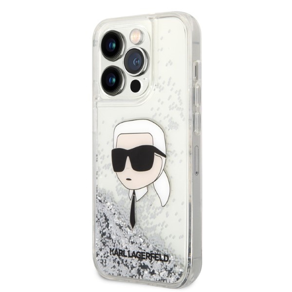 Karl Lagerfeld Liquid Glitter dėklas iPhone 14 Pro – sidabrinis