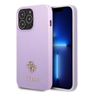Guess dėklas iPhone 13 Pro Max – violetinis Saffiano 4G