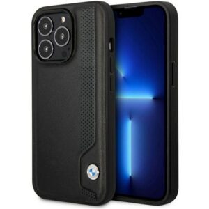BMW Leather Blue Dots dėklas iPhone 14 Pro – juodas