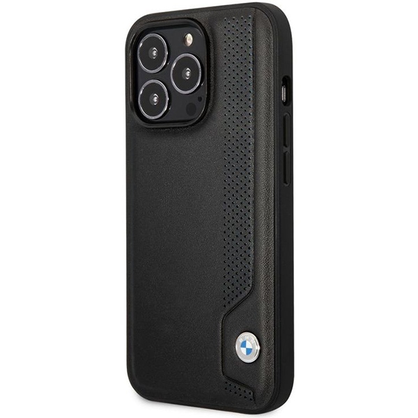 BMW Leather Blue Dots dėklas iPhone 14 Pro – juodas