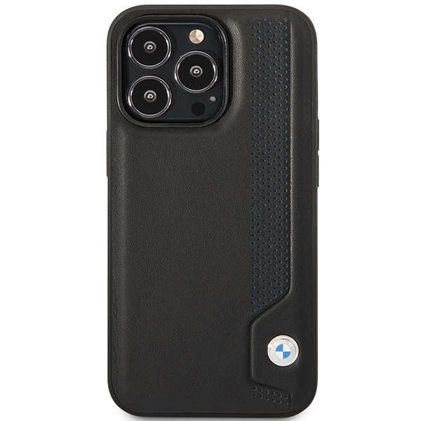 BMW Leather Blue Dots dėklas iPhone 14 Pro – juodas