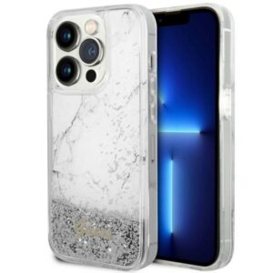 Guess Liquid Glitter Marble dėklas iPhone 14 Pro 6.1" – baltas
