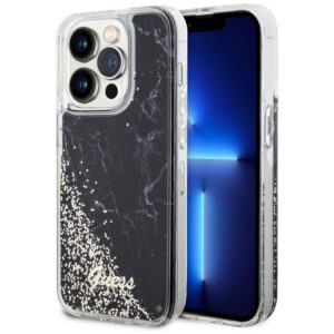 Guess Liquid Glitter Marble dėklas iPhone 14 Pro – juodas