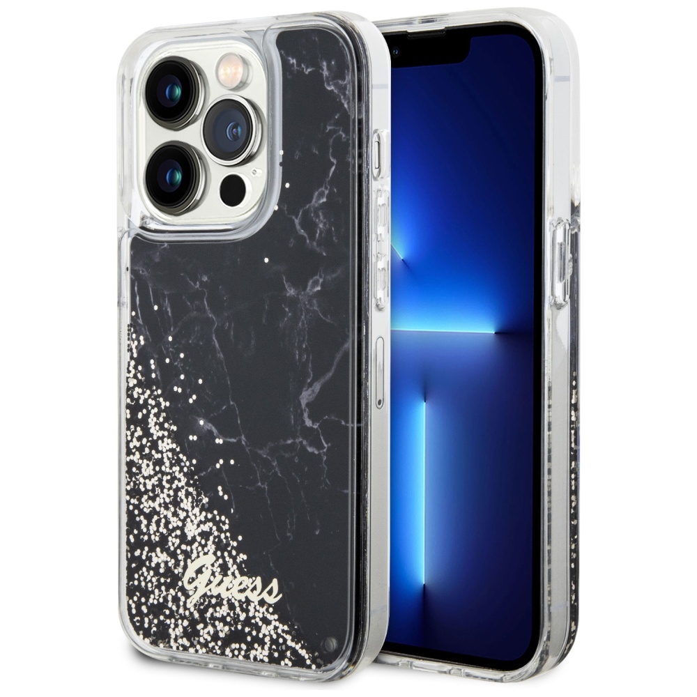 Guess Liquid Glitter Marble dėklas iPhone 14 Pro – juodas