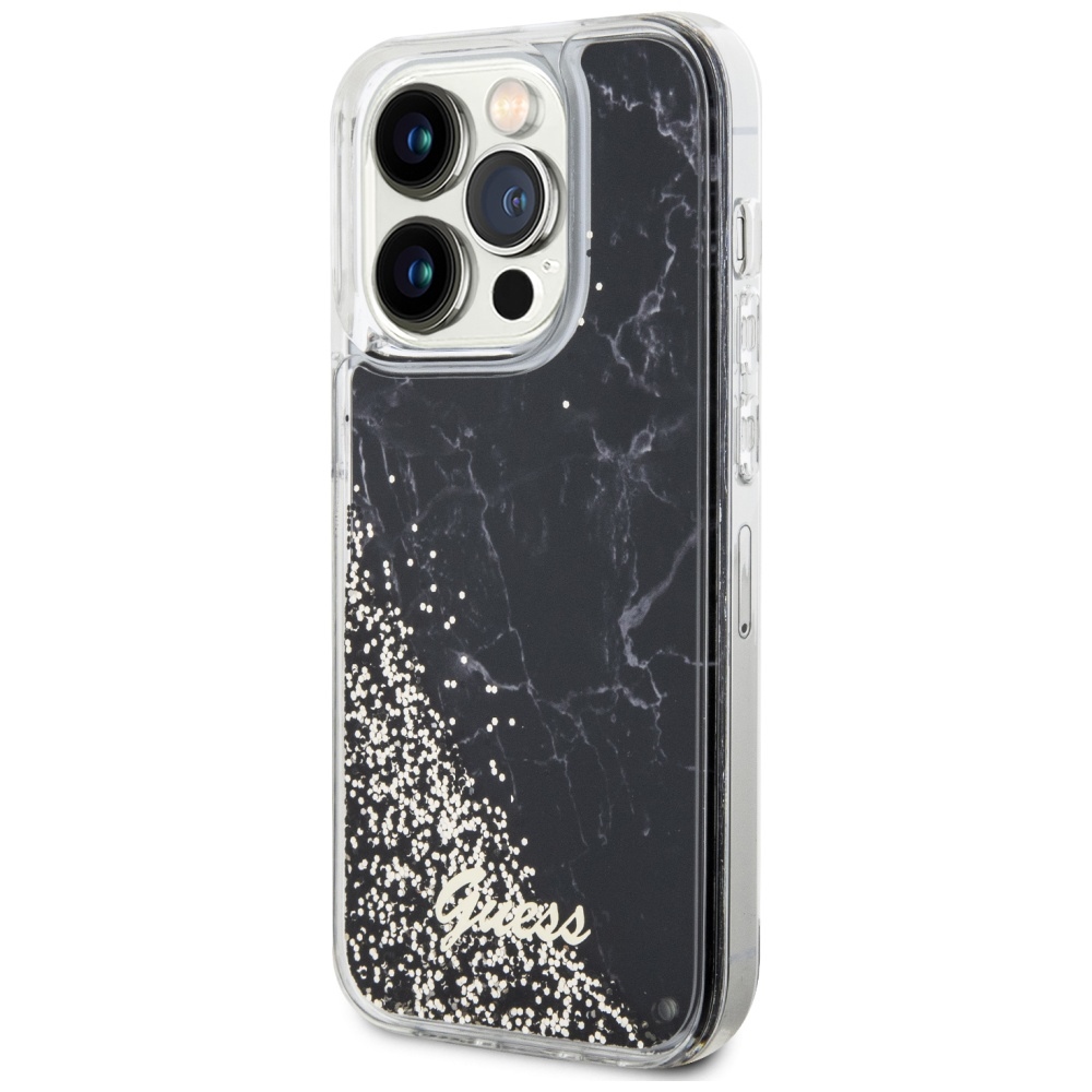 Guess Liquid Glitter Marble dėklas iPhone 14 Pro – juodas