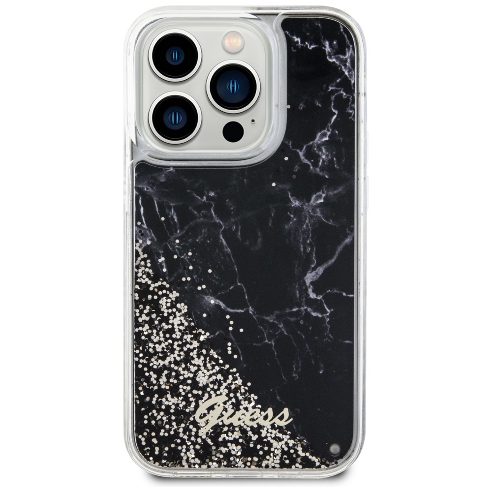 Guess Liquid Glitter Marble dėklas iPhone 14 Pro – juodas