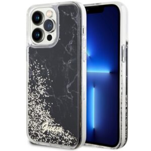 Guess Liquid Glitter Marble dėklas iPhone 14 Pro Max – juodas