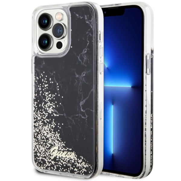 Guess Liquid Glitter Marble dėklas iPhone 14 Pro Max – juodas