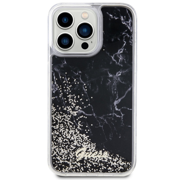 Guess Liquid Glitter Marble dėklas iPhone 14 Pro Max – juodas
