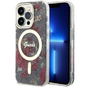 Guess MagSafe dėklas iPhone 14 Pro – žalias/khaki, gėlės