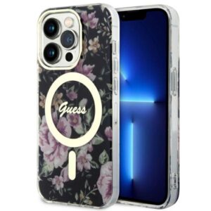 Guess MagSafe dėklas iPhone 14 Pro – juodas, gėlės