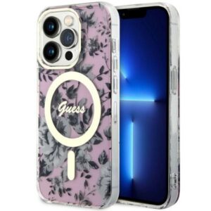 Guess MagSafe dėklas iPhone 14 Pro – rožinis, gėlės