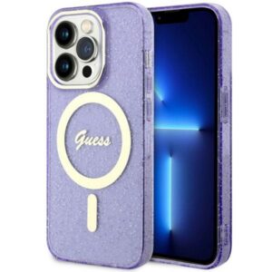 Guess Glitter Gold MagSafe dėklas iPhone 14 Pro – violetinis