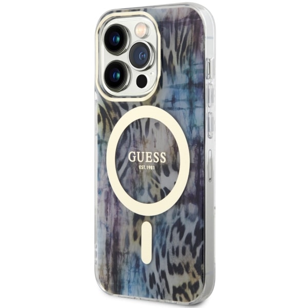 Guess MagSafe dėklas iPhone 14 Pro – mėlynas, leopardo raštas