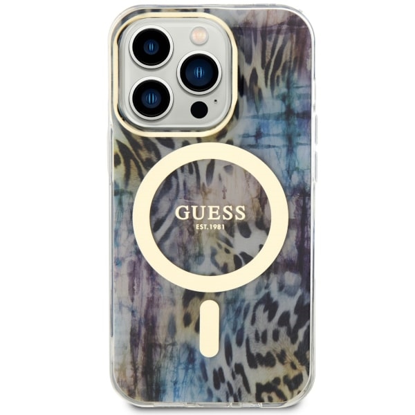 Guess MagSafe dėklas iPhone 14 Pro – mėlynas, leopardo raštas