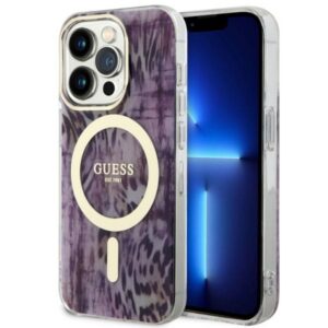 Guess MagSafe dėklas iPhone 14 Pro – rožinis, leopardas