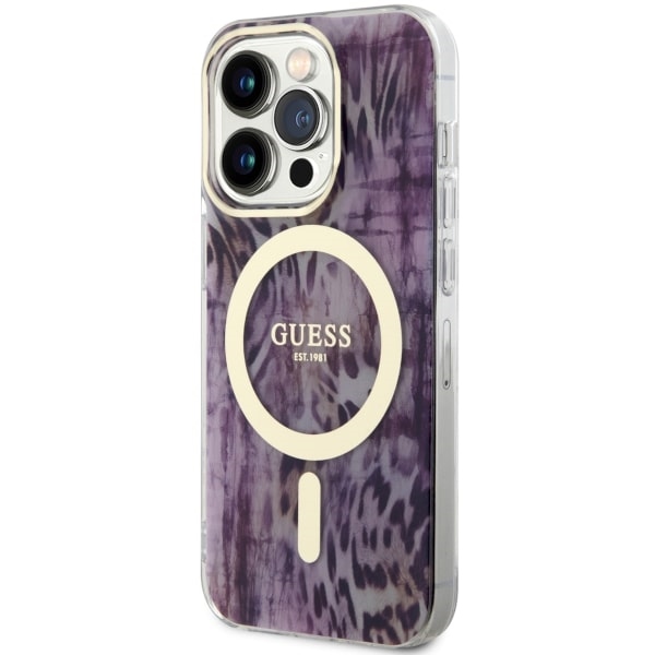 Guess MagSafe dėklas iPhone 14 Pro – rožinis, leopardas