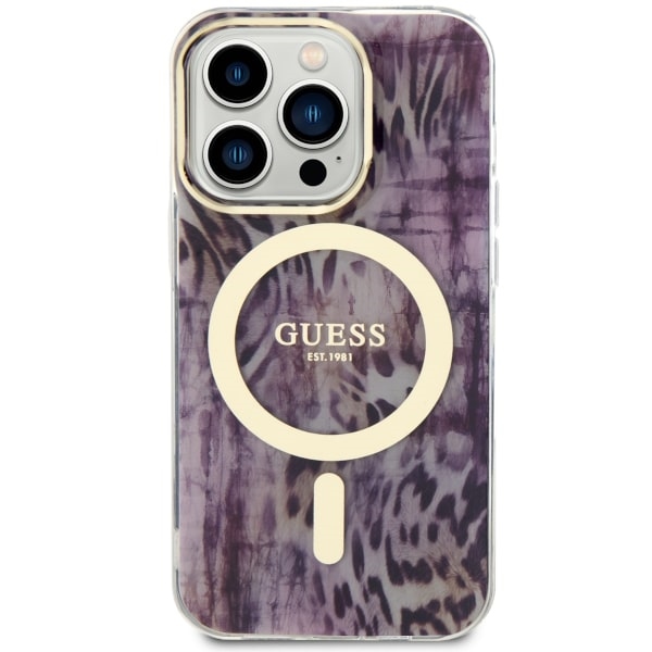 Guess MagSafe dėklas iPhone 14 Pro – rožinis, leopardas