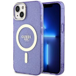 Guess MagSafe dėklas iPhone 14 Plus – violetinis, blizgus