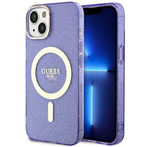 Guess MagSafe dėklas iPhone 14 Plus – violetinis, blizgus