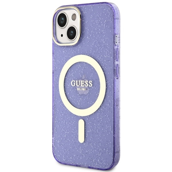Guess MagSafe dėklas iPhone 14 Plus – violetinis, blizgus