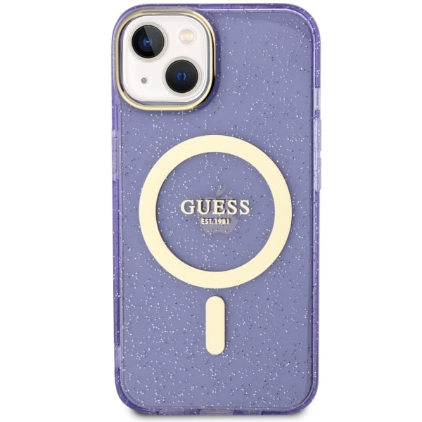 Guess MagSafe dėklas iPhone 14 Plus – violetinis, blizgus