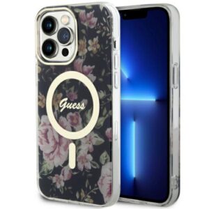 Guess MagSafe dėklas iPhone 14 Pro Max – juodas, gėlės