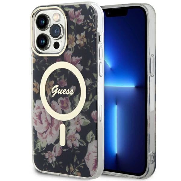 Guess MagSafe dėklas iPhone 14 Pro Max – juodas, gėlės