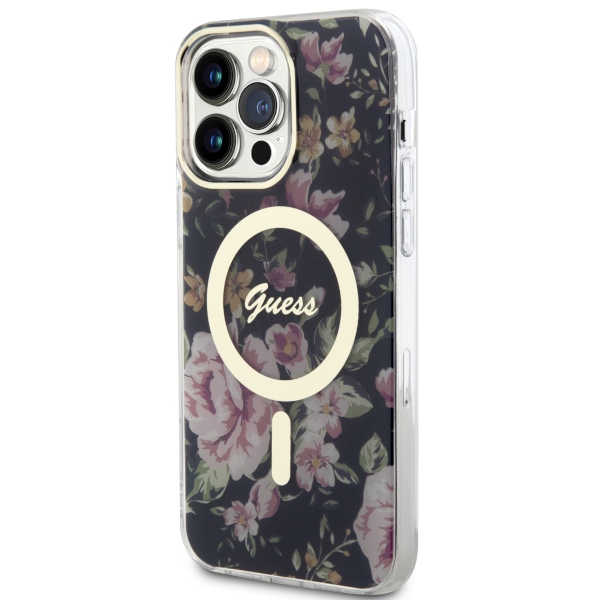 Guess MagSafe dėklas iPhone 14 Pro Max – juodas, gėlės