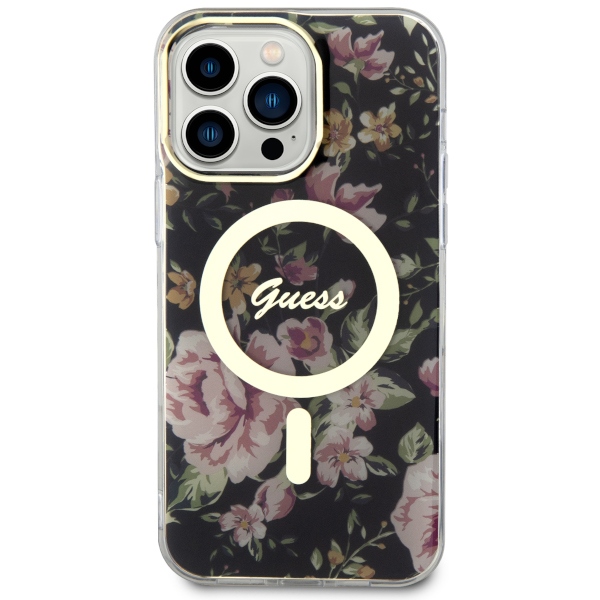 Guess MagSafe dėklas iPhone 14 Pro Max – juodas, gėlės