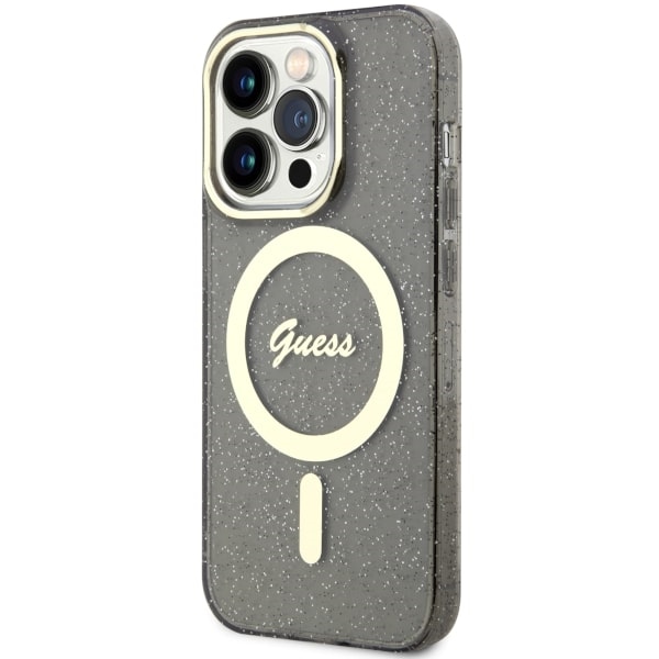 Guess Glitter Gold MagSafe dėklas iPhone 14 Pro Max – juodas