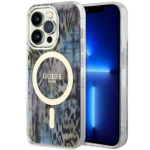 Guess Leopard MagSafe dėklas iPhone 14 Pro Max – mėlynas
