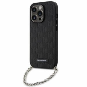 Karl Lagerfeld Saffiano dėklas iPhone 14 Pro – juodas, grandinėlė