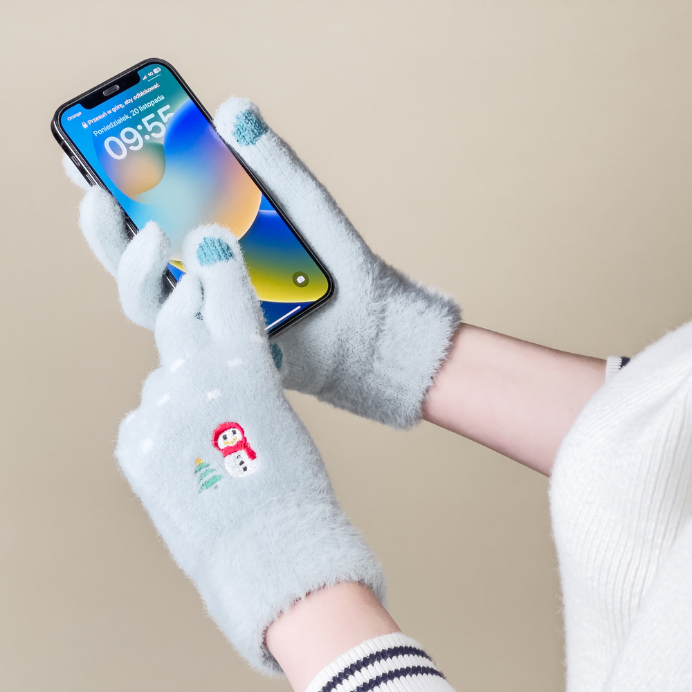 Moterų žieminės telefono pirštinės su sniegu ir Kalėdų egle - žalios
