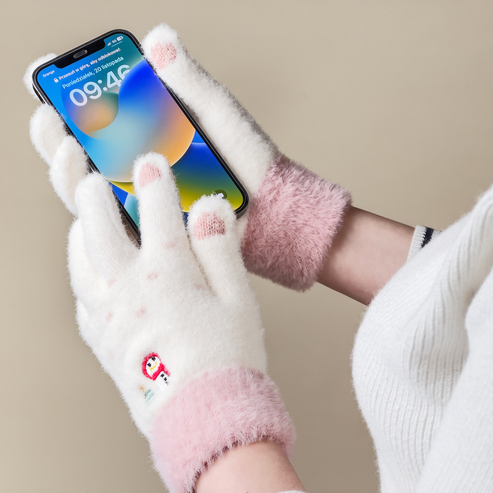 Moterų žieminės telefonų pirštinės su snieguoliu ir Kalėdų eglute - baltos ir rožinės