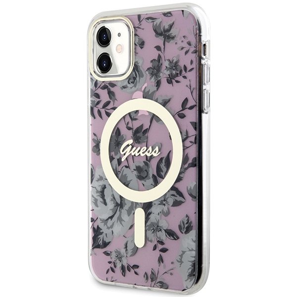 Guess MagSafe dėklas iPhone 11/XR – rožinis, gėlės