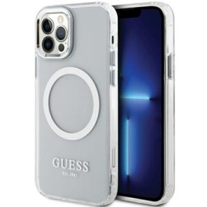 Guess Metal Outline MagSafe dėklas iPhone 12/12 Pro – sidabrinis