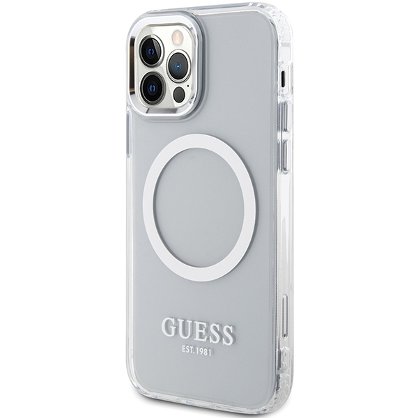 Guess Metal Outline MagSafe dėklas iPhone 12/12 Pro – sidabrinis