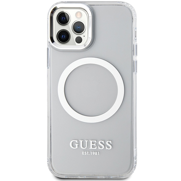 Guess Metal Outline MagSafe dėklas iPhone 12/12 Pro – sidabrinis