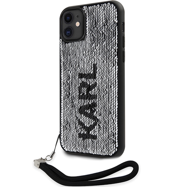 Karl Lagerfeld blizgučių dėklas iPhone 11/XR – juodas/sidabrinis