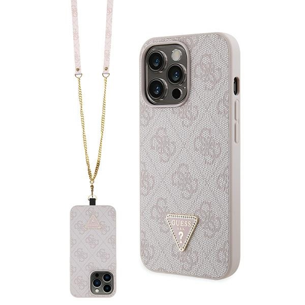Guess dėklas iPhone 13/13 Pro – rožinis su dirželiu