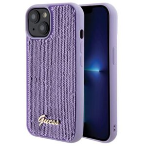 Guess Sequin Script Metal dėklas iPhone 15 – violetinis