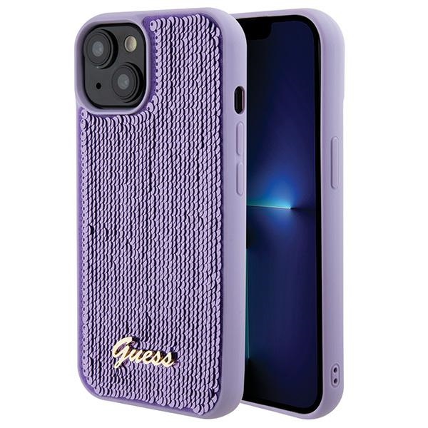 Guess Sequin Script Metal dėklas iPhone 15 – violetinis