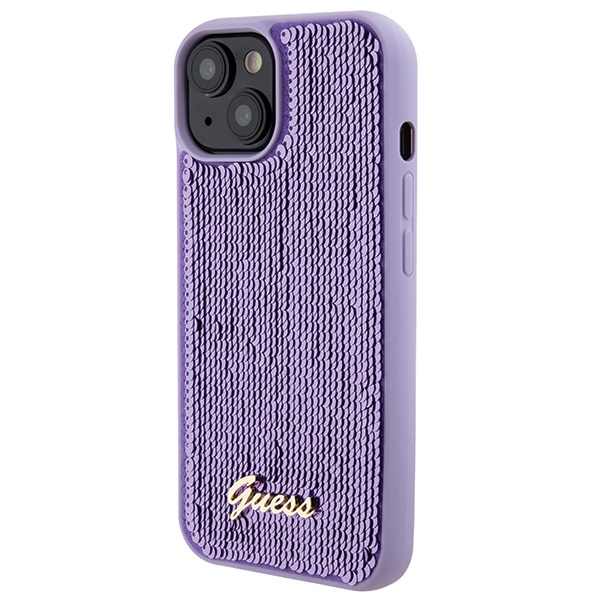 Guess Sequin Script Metal dėklas iPhone 15 – violetinis