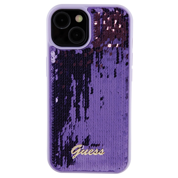 Guess Sequin Script Metal dėklas iPhone 15 – violetinis