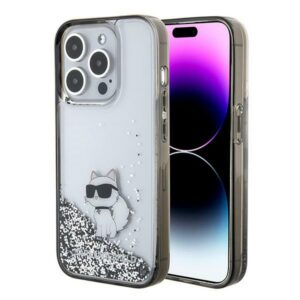 Karl Lagerfeld Liquid Glitter Choupette dėklas, skirtas iPhone 15 Pro Max - skaidrus