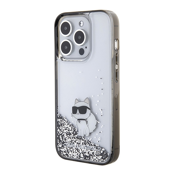 Karl Lagerfeld Liquid Glitter Choupette dėklas, skirtas iPhone 15 Pro Max - skaidrus