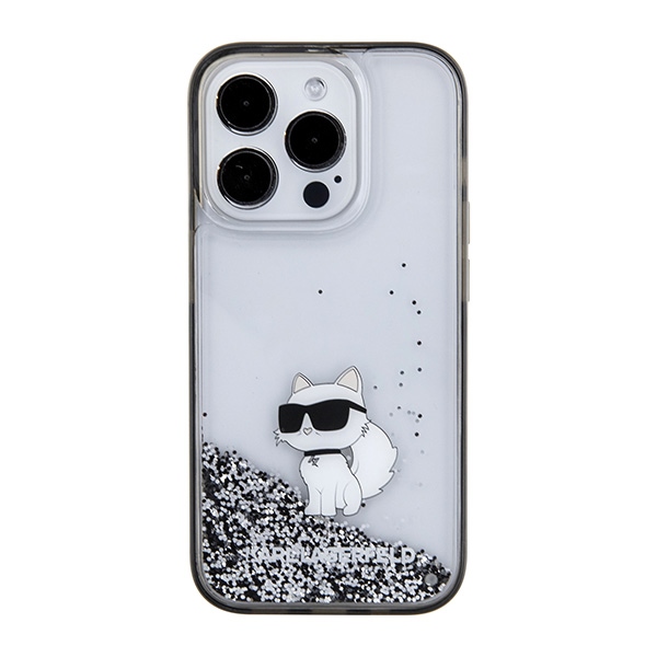 Karl Lagerfeld Liquid Glitter Choupette dėklas, skirtas iPhone 15 Pro Max - skaidrus
