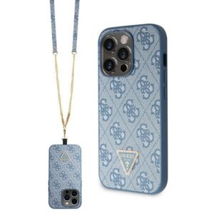 Guess kietas dėklas su dirželiu iPhone 14 Pro Max – mėlynas