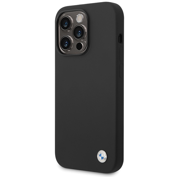 BMW silikoninis dėklas iPhone 15 Pro – juodas, metalinis logotipas